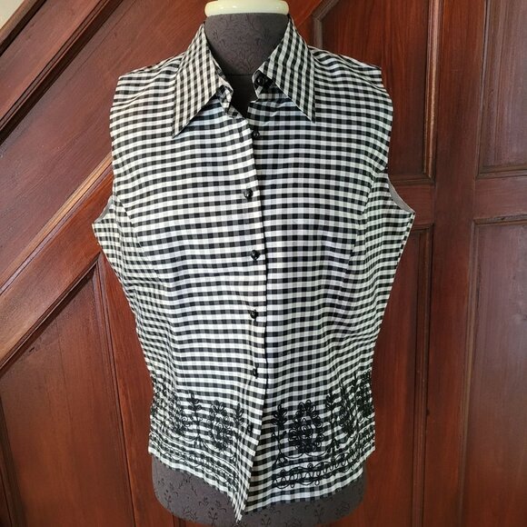 Sleeveless Anne Carson Black & White Gingham Silk Blouse With Embroidered Hem L - Picture 1 of 5